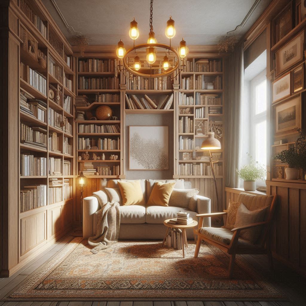 Cozy, well-lit home library with floor-to-ceiling wooden bookshelves filled with books