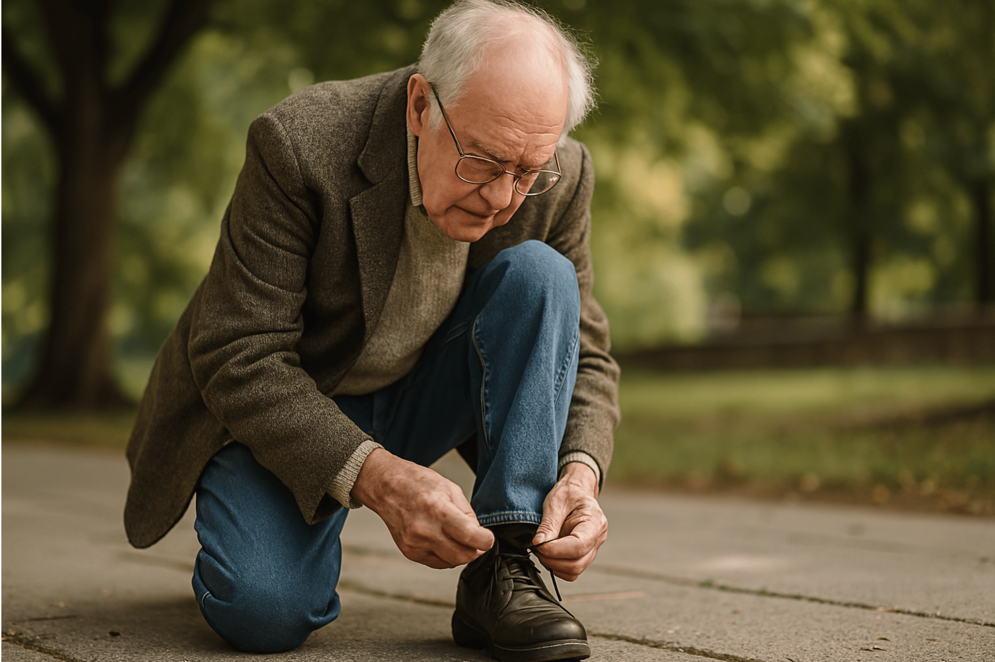 Elderly man ties his shoe on a tree-lined path.